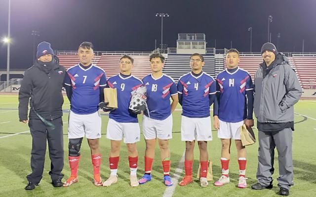 The Madisonville soccer team celebrated their team’s senior night at Mustang Stadium March 11 and defeated Crockett 3-0. The team’s seniors are pictured with head coach Baltazar Reyes (left) and assistant coach Travis Rasbeary and include (players, from left) Gabriel Aceves, Vladimir Morales, Yordi Figueroa, Pablo Sanchez and Juan Torres. CAMPBELL ATKINS