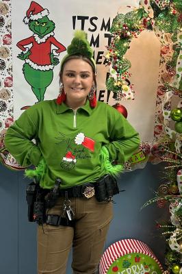 Sgt. Brittney Mahler of the Madisonville CISD Police Department participating in the 12 days of Christmas celebration at Madisonville Elementary School. Courtesy photo 