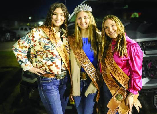 From left to right; 2nd runner up Chloe Wise, MCFA Fair Queen Madison Fowler, and 1st runner up and Miss Photogenic Payton Brown, at the Madison County Fair and Rodeo. METEOR PHOTO BY LYNDIE DUNN