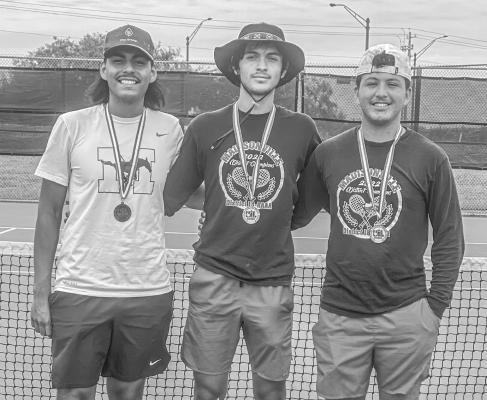 From left to right, Jesus Gomez, who had an impressive showing, finished third in the boys' singles competition with Leonel Zavala and Steven Payan with their respective medals for the boys’ doubles championship on Saturday, May 11.