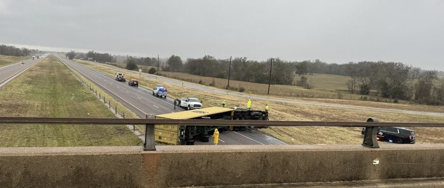 An 18-wheeler flipped over because of strong winds on Interstate 45 on Monday, Jan 8. COURTESY PHOTO BY DAWN CLARK