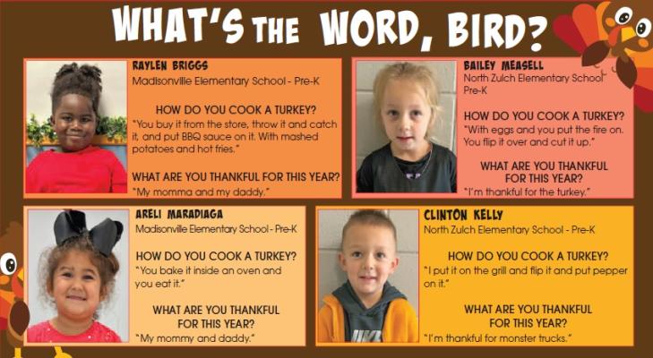 Four Pre-K students were interviewed about Thanksgiving. 