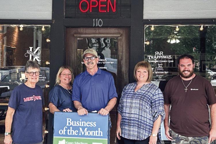 Keep Madison County Beautiful named Paul Richie's RNR Trapping as the Business of the Month on Wednesday, May 1. Pictured from left to right are Kay Welch, Jana Richie, Paul Richie, Crystal Callaham, and Derek Wiggins, representatives from the organization who presented the award to the Richie’s in recognition of their commitment to maintaining an aesthetically pleasing and environmentally friendly business property. COURTESY PHOTO