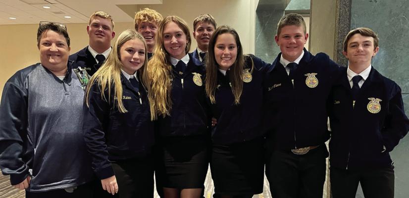 Pictured, back row, left to right: Corbin Fraley, Andrew Cole, Kaiden Rowley. Front row, left to right: Ag teacher Lynita Foster, Taylor Rahm, Riley Farris, Hadley Bridges, Kanin Cleere and Ty Dean. COURTESY PHOTOS