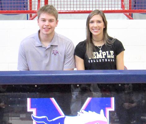 Brad Rudis and Grace Williamson signed letters of intent to continue their athletic careers at Texas A&amp;M University and Temple College, respectively, at MHS Feb. 3. CAMPBELL ATKINS