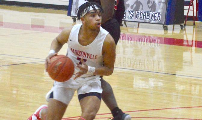 Madisonville’s Armando Juarez works toward the basket during the team’s senior night win over Mexia Feb. 9. CAMPBELL ATKINS