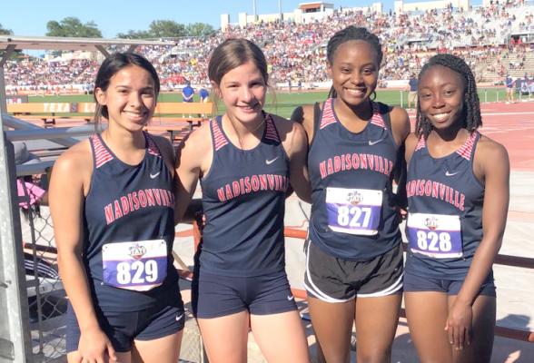 Madisonville 4x100 Relay athletes (from left) Raegan Olvera, Lindsie Smith, Kenndie Moffett and Kia Moffett pose together after setting a school record in the event at the State meet in Austin. COURTESY PHOTO