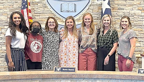 New MCISD teachers (from left) Kelsey Byrd, Gia Harrison, Annette Bingham, Katie Hooks, Brittney Smith Skuria, Whitlee Burke and Sarah King pose together at the district’s monthly board meeting Monda COURTESY PHOTO