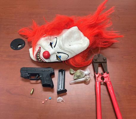 The MCSO arrested an Austin man early Sunday who was in possession of a firearm, a methamphetamine pipe, ecstasy pills and marijuana on the side of the road. He also had a clown mask and bolt cutters in the vehicle. MADISONVILLE POLICE DEPARTMENT