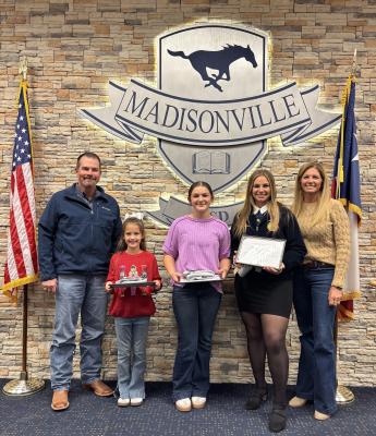  Madisonville CISD recognized its November Students of the Month at the November board meeting. Pictured from left are board member Jason Cleere, elementary student Eleanor Carmichael, junior high student Jacey Stevens, high school student Jayci Morris and board member Quincy Allen. Not pictured is intermediate student Nilson Quezada.