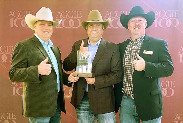 Dave Coleman, Tom Patterson and Bret Richards pose with the Top Ten Aggie 100 trophy after Coleman &amp; Patterson was selected for the prestigious honor. COURTESY PHOTO