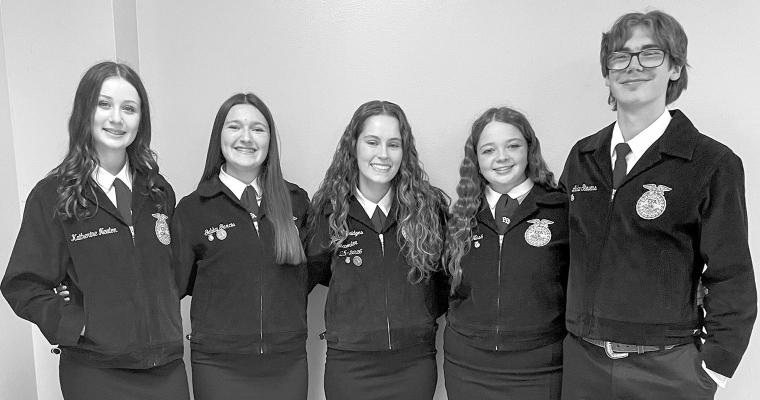 Madisonville High School’s Agricultural Issues Forum team stands ready to debate lab-grown meat. Team members include Katherine Newton (from left), Gabby Garcia, Hadley Bridges, Harper Nash and Luke Stevens. COURTESY PHOTO