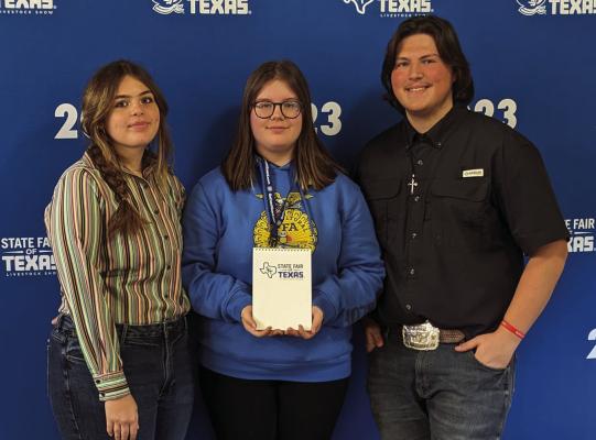 North Zulch FFA students participated in the State Fair of Texas Wool Judging Contest. Oct. 7. Katie Watson placed 9th place as an individual and the team placed 8th. Pictured, left to right: Jade Sanders (10th), Katie Watson (10th), and Garrett Rhodes (12th). COURTESY PHOTOS