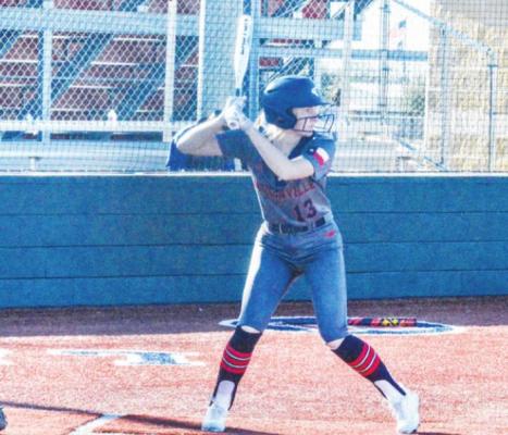 Jenna Yeager awaits a pitch during a Lady Mustangs home game at MHS. CAMPBELL ATKINS