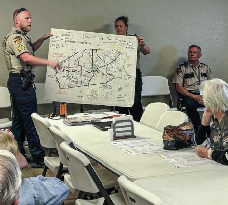 Residents of Madison County listen attentively during a presentation by Sergeant Klute Kyle and Patrol Sergeant Calicia Kampf at the North Zulch Pleasant Grove Neighborhood Watch meeting. COURTESY PHOTOS