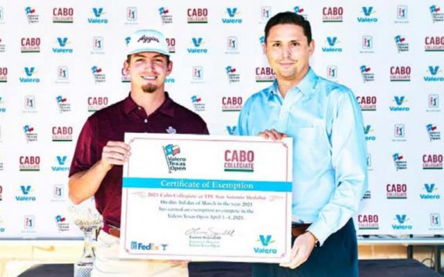 Sam Bennett poses with Larson Segerdahl, Executive Director of the Valero Texas Open, after winning the 2021 Cabo Collegiate in San Antonio last week and earning a special exemption to compete in the Valero Texas Open on the PGA Tour April 1-4. PHOTO COURTESY OF VALERO TEXAS OPEN