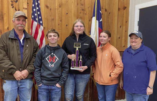 Bedias Creek Soil and Water Conservation District #428 board Vice Chairman Stephen Petri (left) stands with Madisonville FFA members Ty Dean, Audrie Busa and Tallie Rash, along with FFA teacher Lynita Foster. The team earned second place in the rangeland portion of the 48th annual Land, Homesite and Rangeland Contest. COURTESY PHOTO