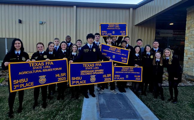 Madisonville FFA members pose for a group photo at the State Leadership Development Event contests Friday, Dec. 5, at Sam Houston State University in Huntsville. The Ag Issues and Greenhand Spanish Creed teams both finished third. PHOTO COURTESY OF MADISONVILLE FFA