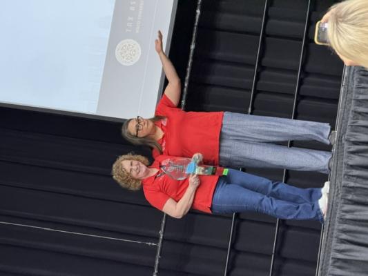 Madison County Tax Assessor-Collector Karen Lane (left) holds the President’s Award alongside Randall County Tax Assessor-Collector Christina McMurray, the association’s president, at the Tax Assessor-Collectors Association of Texas conference in Waco. COURTESY PHOTO