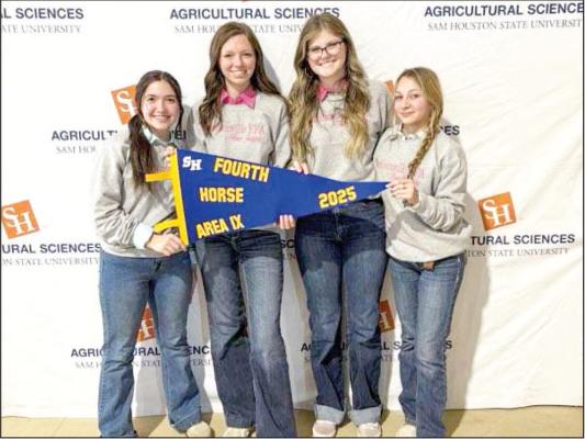 Madisonville FFA members (from left) Madison McClure, Court Hammit, Addle Allen and Autumn Smith display their fourthplace award in the Area IX horse evaluation contest held April 10 at Sam Houston State University. The team scored 1,141 points In the competition. COURTESY PHOTO