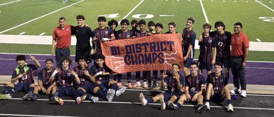 The Madisonville High School varsity boys soccer team celebrates its bi-district championship after a 1-0 victory over Sabine Thursday, March 20. Photo Courtesy of Madisonville High School COURTESY PHOTO