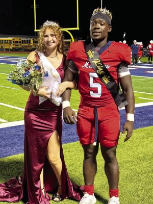 Zoe Tedder and Jaden Simpson wear their crowns after being named homecoming queen and king during halftime ceremonies on Friday, Sept. 26. METEOR PHOTO BY CAMPBELL ATKINS