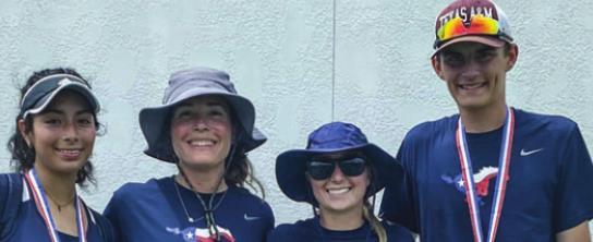 (From left) Madisonville’s Elizabeth Guevara, Coach Catherine Sedlacek, Coach Cassidy “Russell” Portwood and Mason Railsback pose together after the junior duo qualified for the State Tournament last week. COURTESY PHOTO