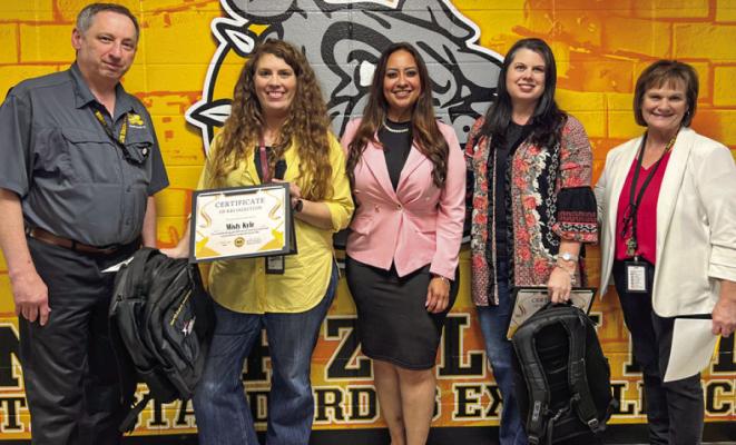 Texas Farm Bureau Insurance, Madison County presented gifts to the North Zulch ISD February Teachers of the Month. Pictured, left to right: NZ Secondary Principal Donald May, CTE Director Misty Kyle, Farm Bureau Agent Zoraida Garcia, Nicole McMillian, and Elementary Principal Janie Pope. COURTESY PHOTO
