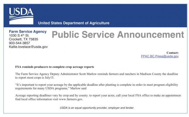 FSA reminds producers to complete crop acreage reports