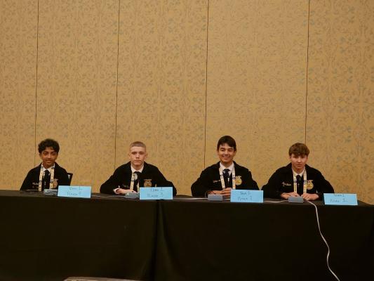 Madisonville FFA quiz bowl teams compete at the Texas FFA state convention in Fort Worth. The junior team of Matthew Muesel, Case Foster, Parth Patel and Isaiah Vines took first place in the state. The senior team of Kanin Cleere, Jaden Roles, Jackson Zanoloni and Casen Bridges finished in the top four.