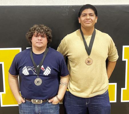 Andrew Maxey (left) and Jose Guevara display their medals after finishing second and third in their weight classes at the Region 2 Powerlifting Championships in Gatesville. Maxey qualified for the 4A state championship. COURTESY PHOTO