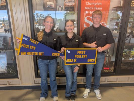 Macy Cunningham (left), Lily Scogin and Thade Brown display their first place pennants after winning the Area IX poultry contest at the Sam Houston CDE on Thursday, April 9. The team advances to the state competition. Scogin placed second as an individual. 