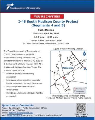 Public meeting set for TxDOT I-45 widening