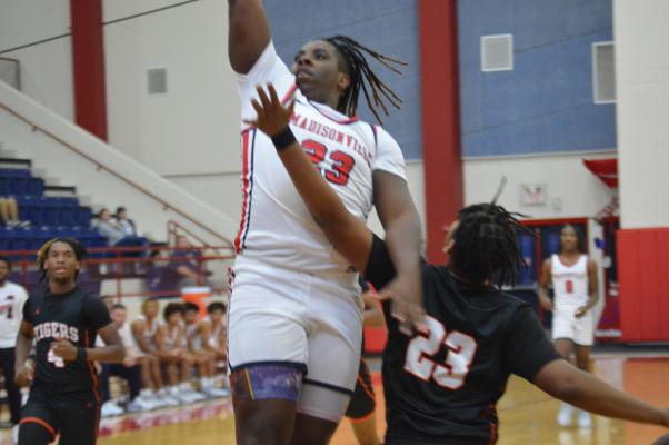 Cyrus Byrd leaping to make a point while being blocked by a Tiger.