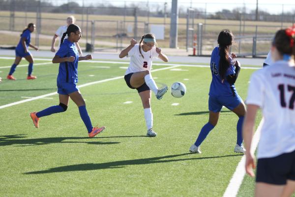 Madisonville’s Elliot McCreary (2) kicks the ball during the Lady Mustangs’ 6-0 win over Navasota Saturday, Jan. 3 in the Navasota Lady Rattler Soccer Tournament. METEOR PHOTOS BY MATTHEW YBARRA