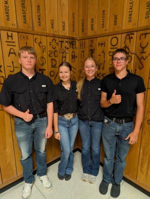The North Zulch FFA Poultry team competed in the state contest at Texas A&amp;M University. From left, members Thade B, Lily S, Macy C, and Joshua G. wrapped up the season. (Bottom) The North Zulch FFA flora team competed in the state contest at Sam Houston State University. From left, members Grant C, Tanner C, Luke B, Mason M, and Brilynn C, closed out the season.