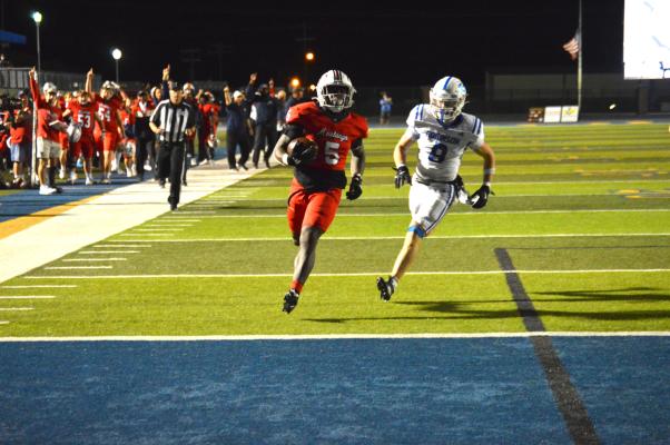 Senior running back Jaden Simpson crosses the goal line to give the Mustangs the lead in the third quarter of Friday's Bi-District matchup against Robinson. Simpson set a Madisonville single-season record for rushing touchdowns in 2025 and finished the season with 34 total touchdowns in 11 games and over 2,000 rushing yards.