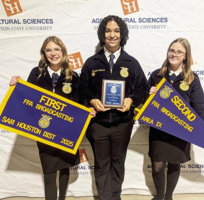 North Zulch FFA Broadcasting team members Brilynn C (left), Brayden S and Harper R pose Friday, Dec. 5 at the State Leadership Development Event contest at Sam Houston State University. The team advanced to the state semifinals after winning first at district and second at area but did not advance to finals. COURTESY PHOTOS