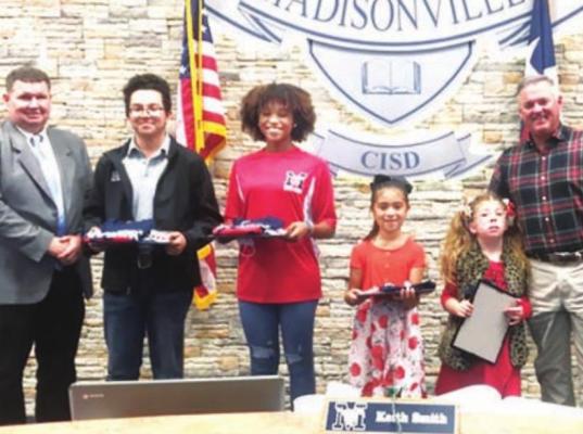 CAMPBELL ATKINS MCISD Students of the Month (from left) Daniel Torres (High School), Zoriah Whaley (Jr. High), Ivana Torres (Intermediate) and Smith Cain (Elementary) pose with Superintendent Keith Smith and Board Member Mike Corley.