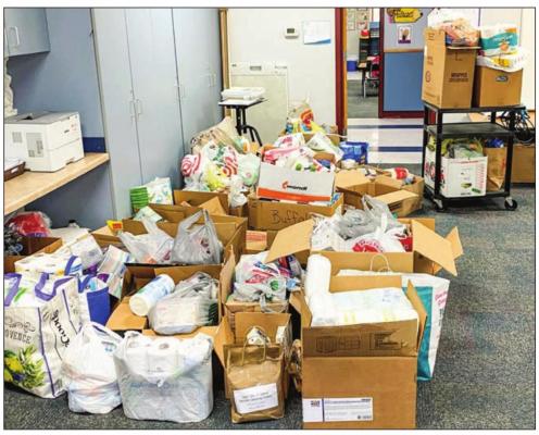 Most of the donated items waiting to be picked up in the MES kindergarten lab. COURTESY PHOTOS