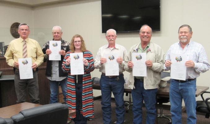 County officials (from left) Sheriff Bobby Adams, Constable Charles Turner, Tax Accessor Collector Karen Lane, Constable Jim Jackson, Commissioner Carl Cannon and Commissioner Ricky Driskell pose together at the courthouse Friday following their oath. CAMPBELL ATKINS