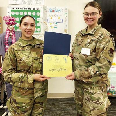 Airman Ava Grooms (left), daughter of Veronica Landmann and the late Don Grooms, has completed Phase 2 of Tech School in Surgical Services at Nellis A.F.B. in Las Vegas. She will now be stationed at her First Duty Station at Eglin A.F.B. in Florida. Airman Grooms graduated from Basic Training at Lackland A.F.B. in December and completed Phase I of Tech School at Fort Sam Houston in San Antonio in March. COURTESY PHOTO