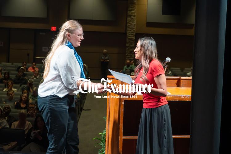 Madisonville Meteor Growth and Development Executive Ana Cosino-Mize (right) presents the local paper’s scholarship to Madisonville High School senior Audrie Busa at the MHS Senior Scholarship Ceremony May 5. Local community scholarships at this year’s ceremony totaled $168,700. METEOR PHOTO BY CELESTE ANGUIANO