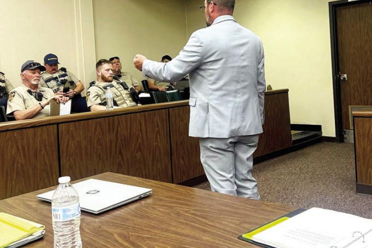 Chief Investigator Blake Baldobino presents during a Madison County District Attorney’s Office training for local law enforcement in May. Officers attended to further their education as peace officers. COURTESY PHOTOS