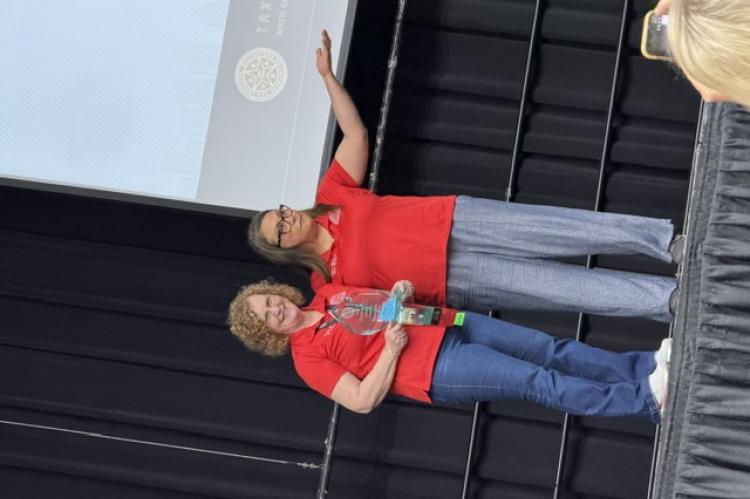 Madison County Tax Assessor-Collector Karen Lane (left) holds the President’s Award alongside Randall County Tax Assessor-Collector Christina McMurray, the association’s president, at the Tax Assessor-Collectors Association of Texas conference in Waco. COURTESY PHOTO